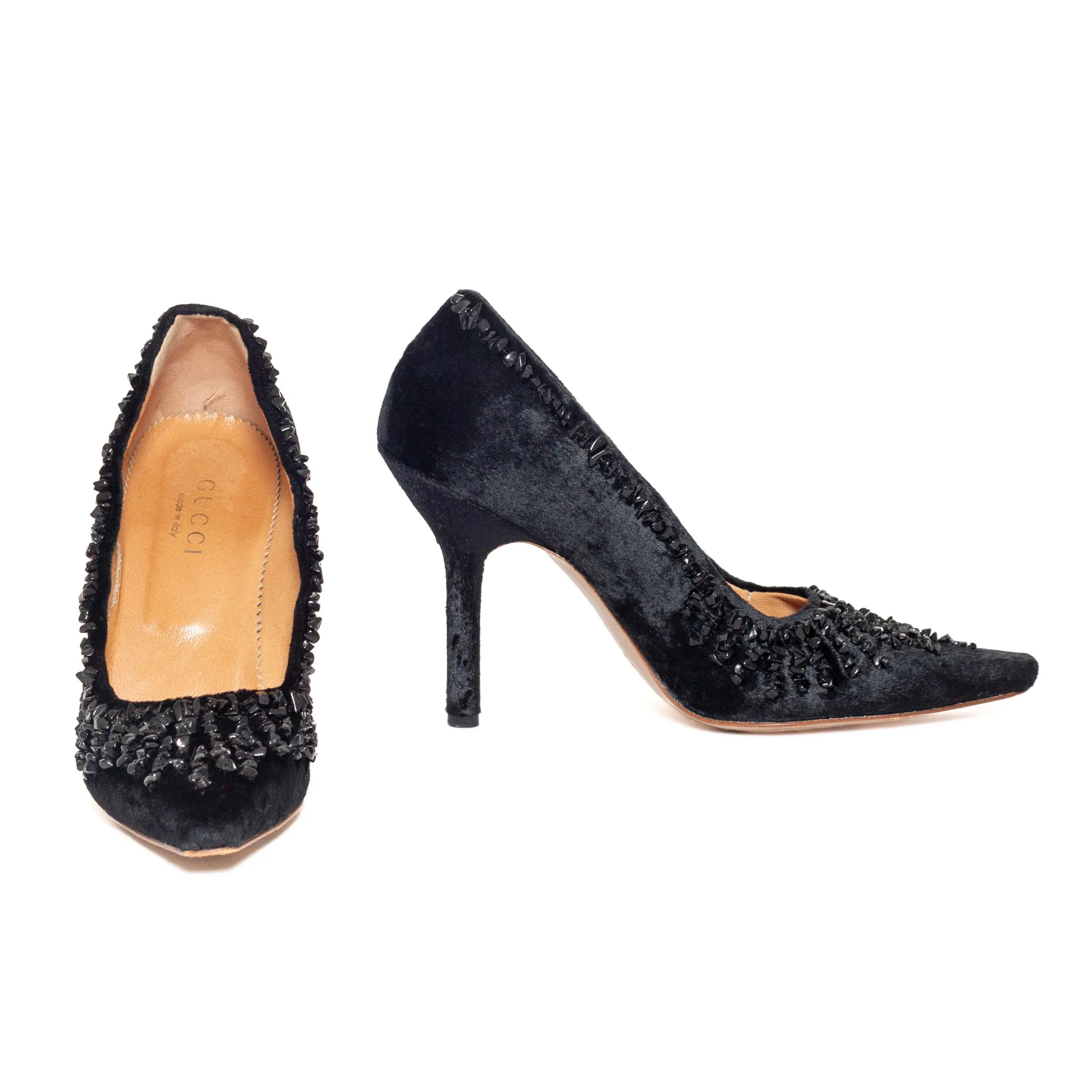 1990s Black Velvet Rock Beaded Pumps 8