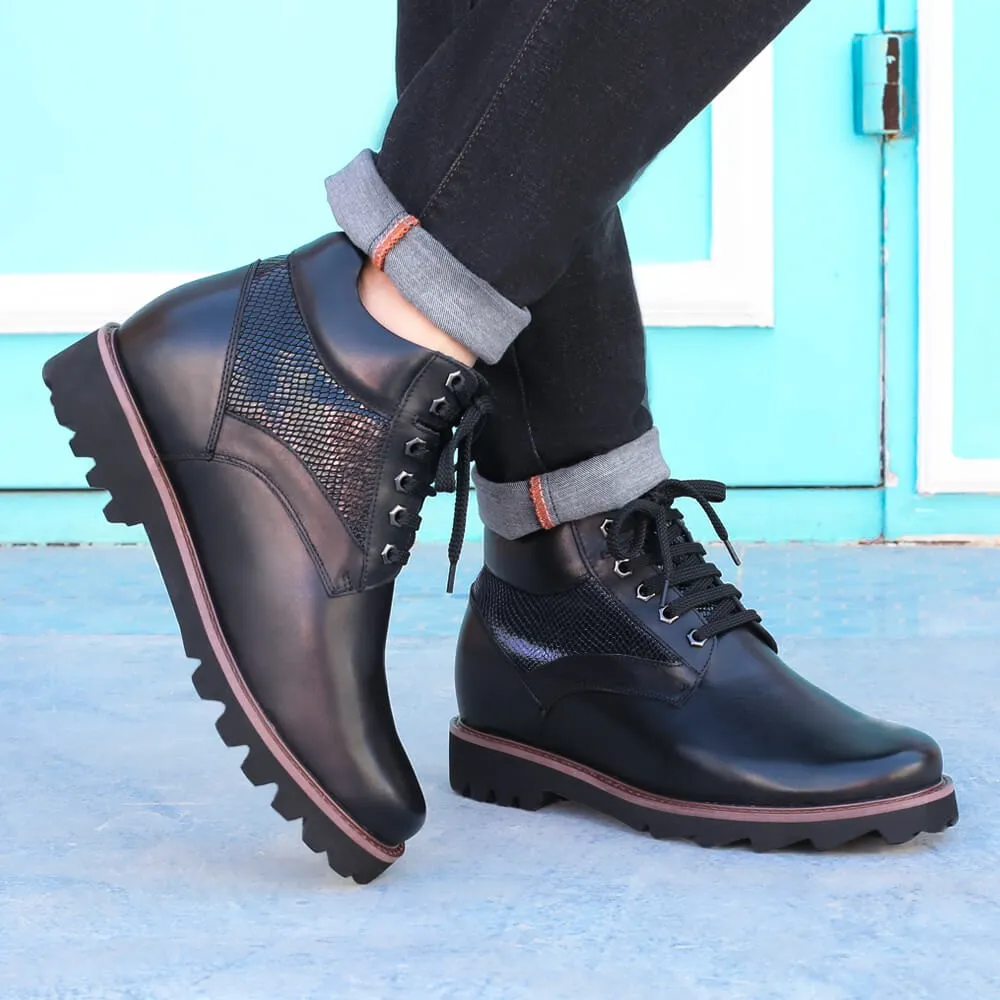 9 CM /3.54 Inches - CMR CHAMARIPA Height Increasing Boots - Black Leather Elevator Shoes