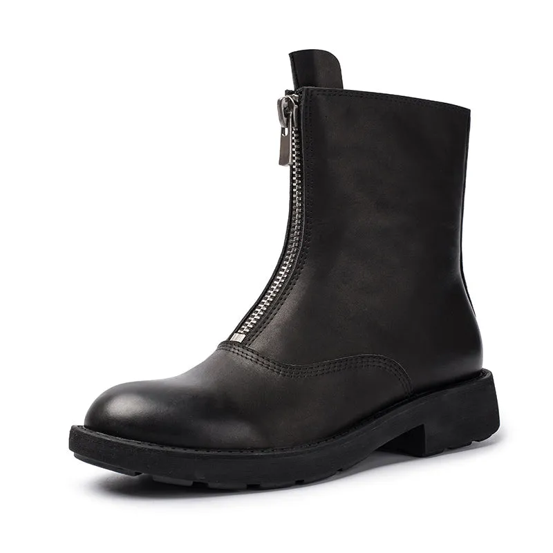 Cowhide Chelsea Boots Handmade Front Zip Short Boots Black