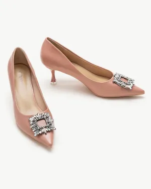 Crystal Buckle Embellished Leather Pumps Pink