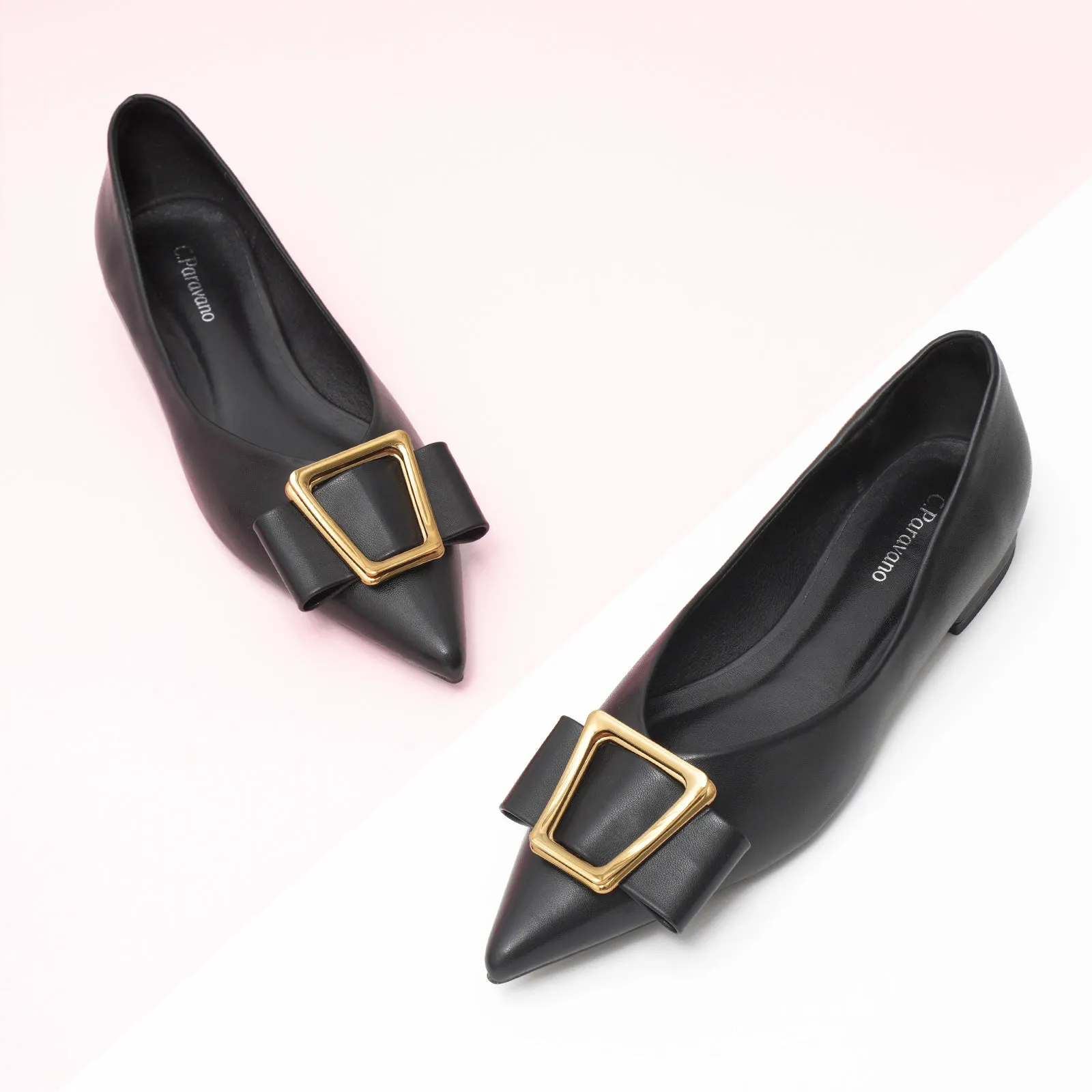 Hot Geometric Buckle Pointed Toe Flats Black