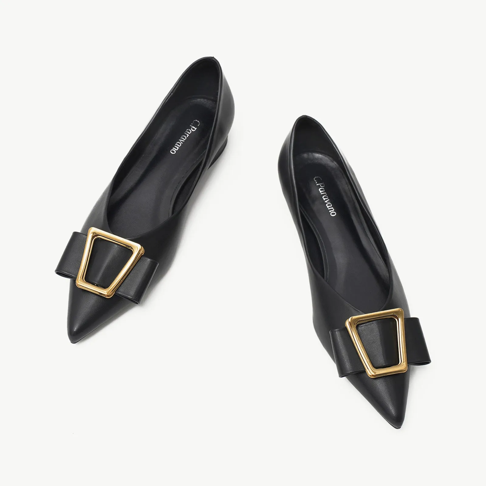 Hot Geometric Buckle Pointed Toe Flats Black