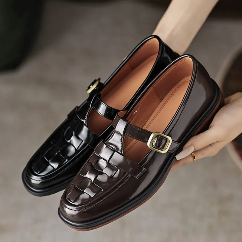 Retro Woven Leather T Strap Mary Jane Shoes In Coffee/Black