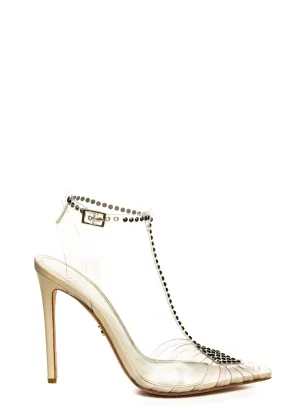 SOLANGE BLACK CRYSTAL EMBELLISHED NUDE CALF & PVC PUMPS