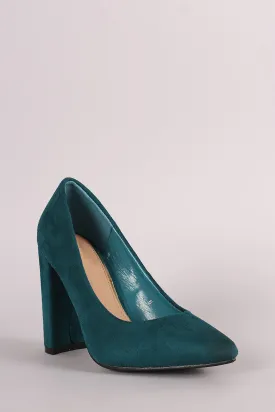 Suede Pointy Toe Chunky Heel Pump