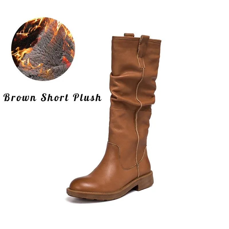 Waxing Leather Knee High Boots Fold Design Riding Boots Black/Brown