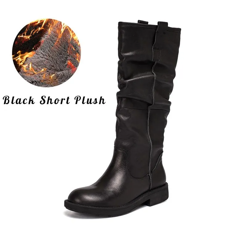 Waxing Leather Knee High Boots Fold Design Riding Boots Black/Brown