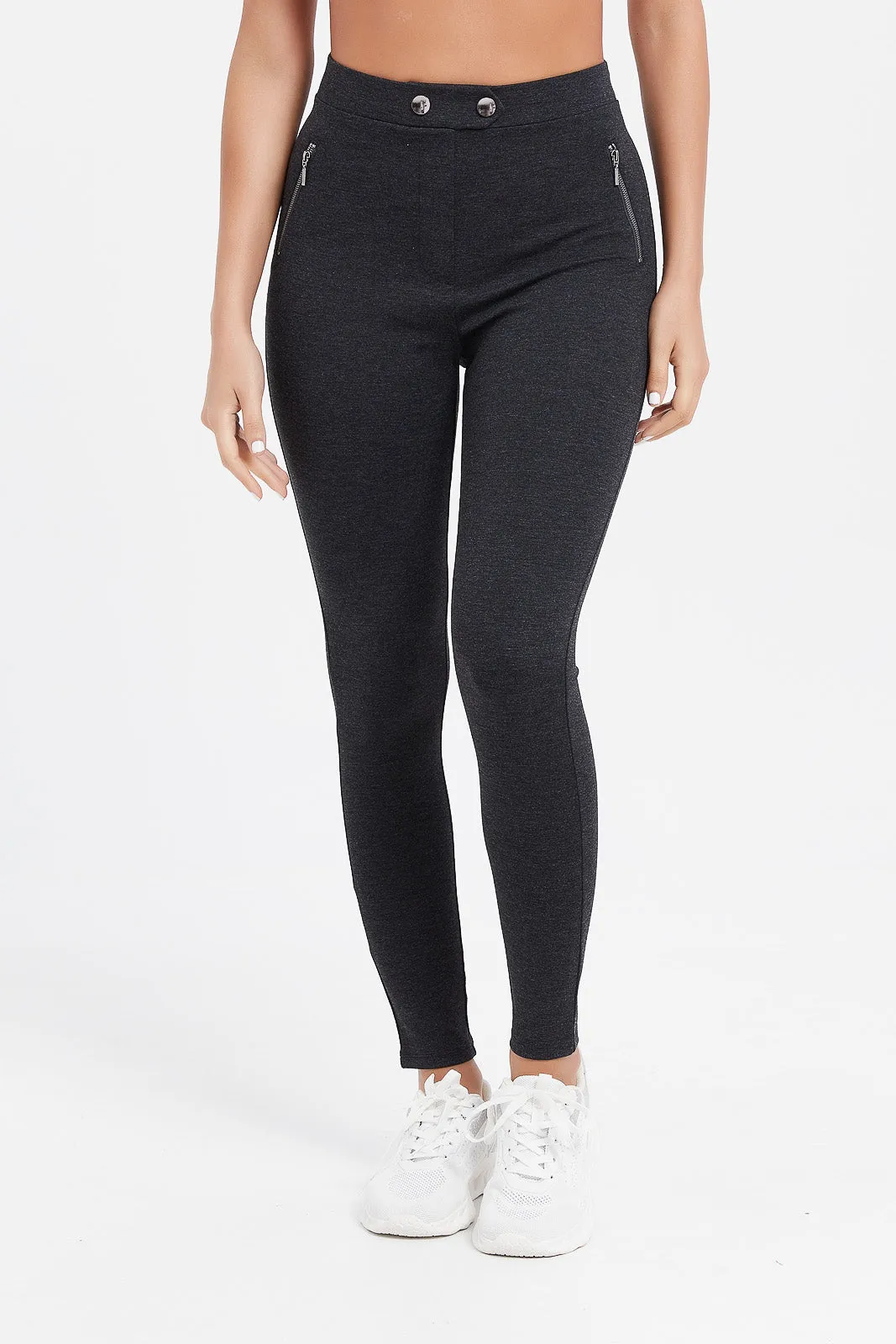 Women Charcoal Leggings With Button