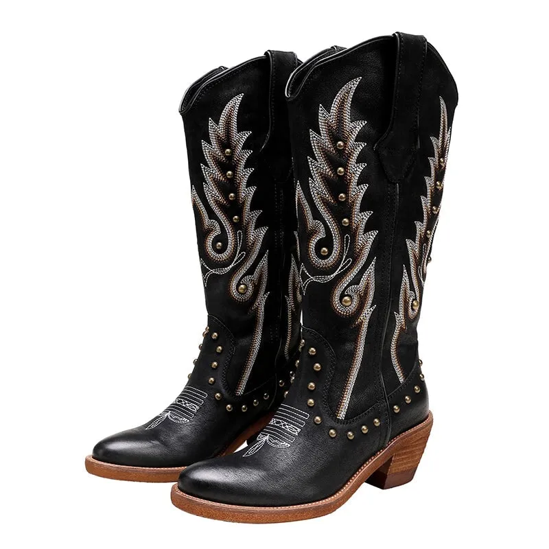 Womens Contrasting Embroidery Western Boots Knee High Leather Cowboy Boots with Rivet in Black/Coffee