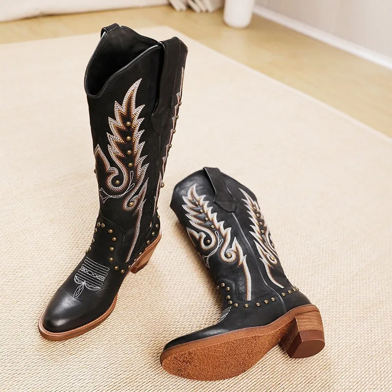 Womens Contrasting Embroidery Western Boots Knee High Leather Cowboy Boots with Rivet in Black/Coffee