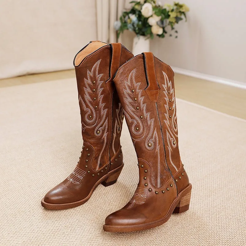 Womens Contrasting Embroidery Western Boots Knee High Leather Cowboy Boots with Rivet in Black/Coffee