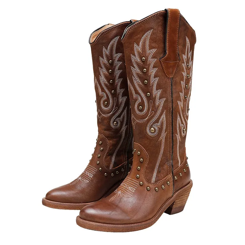 Womens Contrasting Embroidery Western Boots Knee High Leather Cowboy Boots with Rivet in Black/Coffee